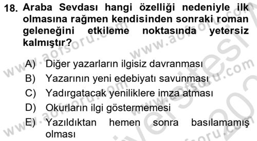 Tanzimat Dönemi Türk Edebiyatı 2 Dersi 2024 - 2025 Yılı (Final) Dönem Sonu Sınav Soruları 18. Soru
