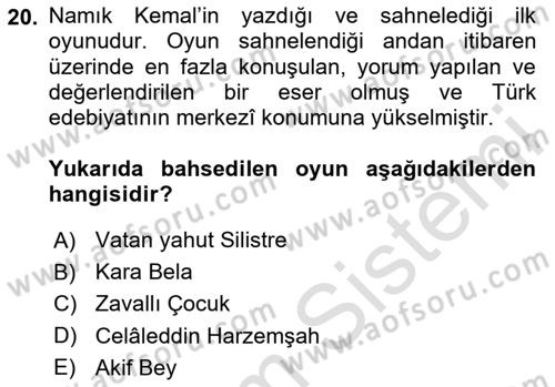 Tanzimat Dönemi Türk Edebiyatı 2 Dersi 2024 - 2025 Yılı (Final) Dönem Sonu Sınav Soruları 20. Soru