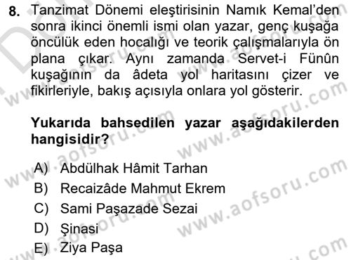 Tanzimat Dönemi Türk Edebiyatı 2 Dersi 2024 - 2025 Yılı (Final) Dönem Sonu Sınav Soruları 8. Soru