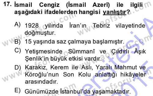 Halk Hikayeleri Dersi 2014 - 2015 Yılı (Vize) Ara Sınav Soruları 17. Soru