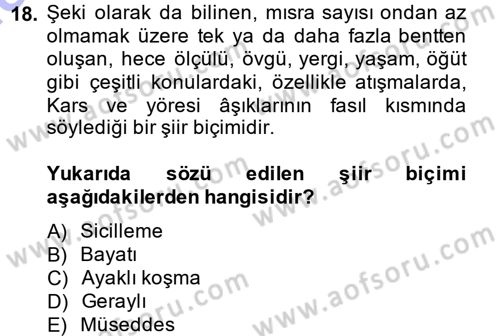 Halk Hikayeleri Dersi 2014 - 2015 Yılı (Vize) Ara Sınav Soruları 18. Soru