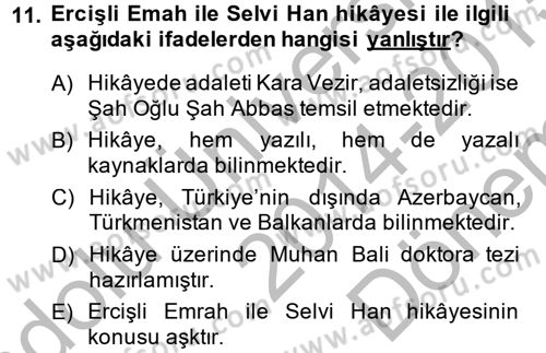 Halk Hikayeleri Dersi 2014 - 2015 Yılı (Final) Dönem Sonu Sınav Soruları 11. Soru