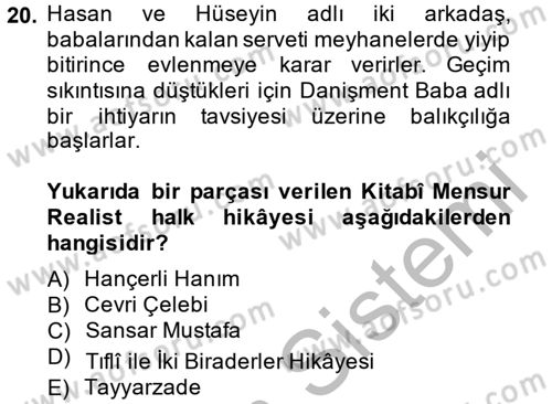 Halk Hikayeleri Dersi 2014 - 2015 Yılı (Final) Dönem Sonu Sınav Soruları 20. Soru