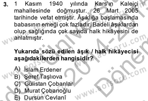 Halk Hikayeleri Dersi 2014 - 2015 Yılı (Final) Dönem Sonu Sınav Soruları 3. Soru