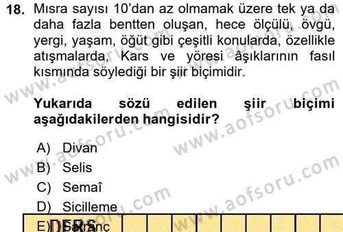 Halk Hikayeleri Dersi 2015 - 2016 Yılı (Vize) Ara Sınav Soruları 18. Soru