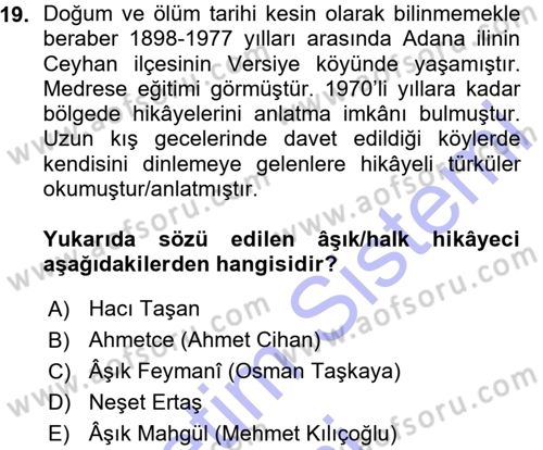 Halk Hikayeleri Dersi 2015 - 2016 Yılı (Vize) Ara Sınav Soruları 19. Soru