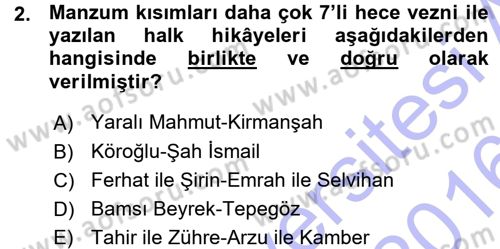 Halk Hikayeleri Dersi 2015 - 2016 Yılı (Vize) Ara Sınav Soruları 2. Soru