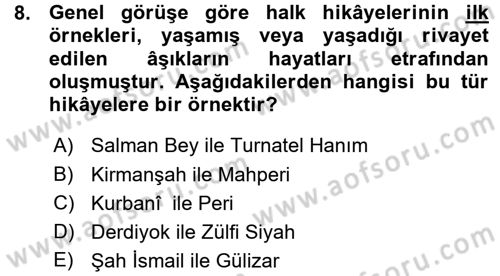 Halk Hikayeleri Dersi 2015 - 2016 Yılı (Vize) Ara Sınav Soruları 8. Soru