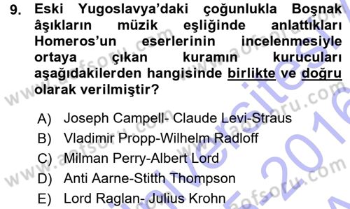 Halk Hikayeleri Dersi 2015 - 2016 Yılı (Vize) Ara Sınav Soruları 9. Soru