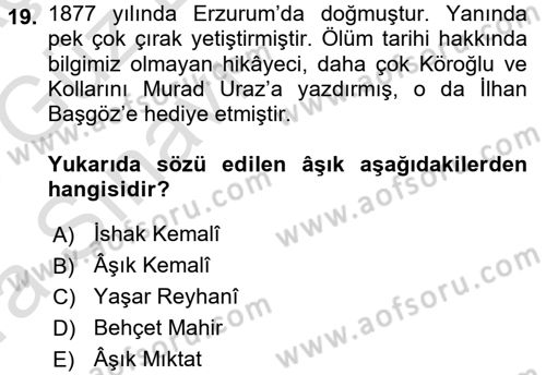 Halk Hikayeleri Dersi 2017 - 2018 Yılı (Vize) Ara Sınav Soruları 19. Soru