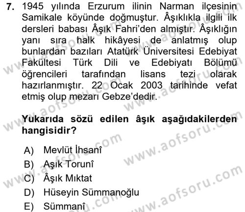 Halk Hikayeleri Dersi Ara Sınavı Deneme Sınav Soruları 7. Soru