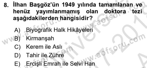Halk Hikayeleri Dersi Ara Sınavı Deneme Sınav Soruları 8. Soru