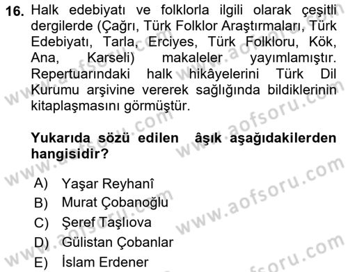 Halk Hikayeleri Dersi Ara Sınavı Deneme Sınav Soruları 16. Soru