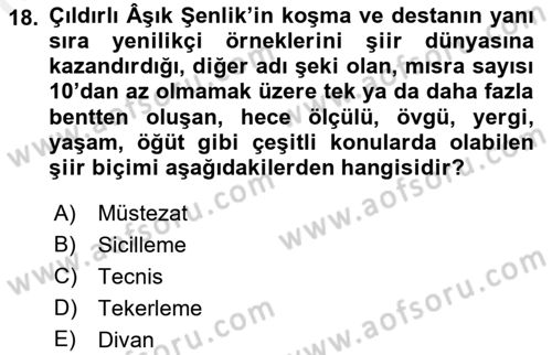 Halk Hikayeleri Dersi Ara Sınavı Deneme Sınav Soruları 18. Soru