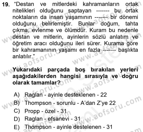 Halk Hikayeleri Dersi Ara Sınavı Deneme Sınav Soruları 19. Soru