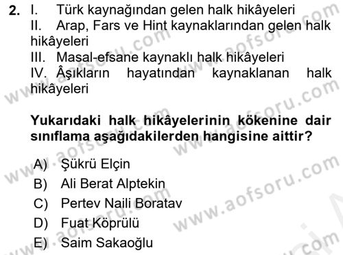 Halk Hikayeleri Dersi 2018 - 2019 Yılı (Vize) Ara Sınav Soruları 2. Soru