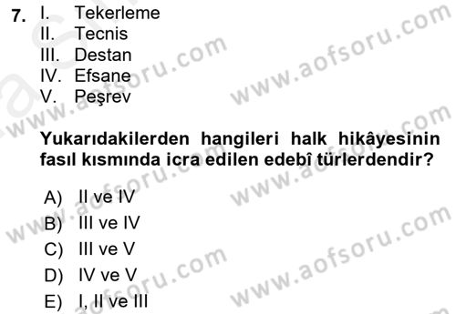 Halk Hikayeleri Dersi 2018 - 2019 Yılı (Vize) Ara Sınav Soruları 7. Soru