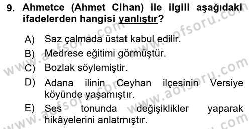 Halk Hikayeleri Dersi Ara Sınavı Deneme Sınav Soruları 9. Soru