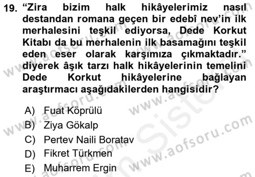 Halk Hikayeleri Dersi 2018 - 2019 Yılı (Final) Dönem Sonu Sınav Soruları 19. Soru
