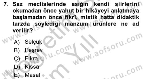 Halk Hikayeleri Dersi 2018 - 2019 Yılı Yaz Okulu Sınav Soruları 7. Soru