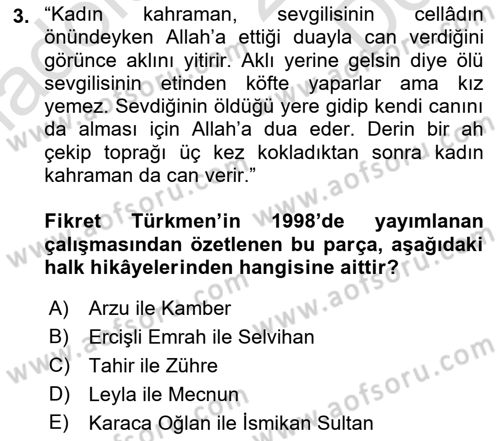 Halk Hikayeleri Dersi 2019 - 2020 Yılı (Final) Dönem Sonu Sınav Soruları 3. Soru