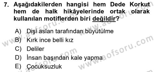 Halk Hikayeleri Dersi 2019 - 2020 Yılı (Final) Dönem Sonu Sınav Soruları 7. Soru