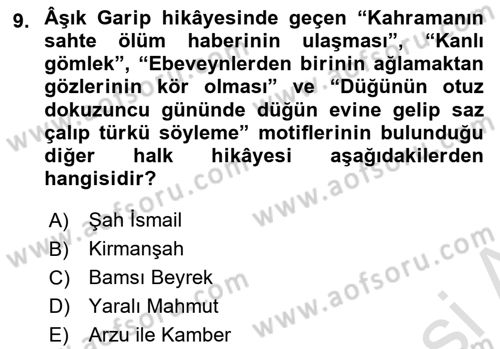 Halk Hikayeleri Dersi 2019 - 2020 Yılı (Final) Dönem Sonu Sınav Soruları 9. Soru