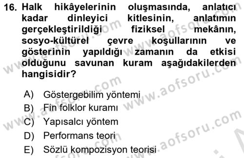 Halk Hikayeleri Dersi 2021 - 2022 Yılı (Final) Dönem Sonu Sınav Soruları 16. Soru