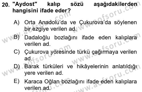 Halk Hikayeleri Dersi 2021 - 2022 Yılı (Final) Dönem Sonu Sınav Soruları 20. Soru