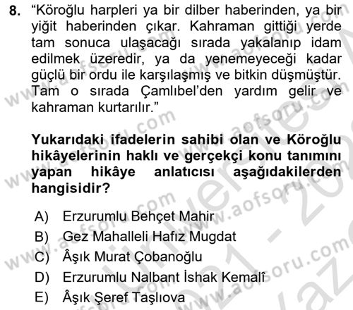 Halk Hikayeleri Dersi 2021 - 2022 Yılı Yaz Okulu Sınav Soruları 8. Soru