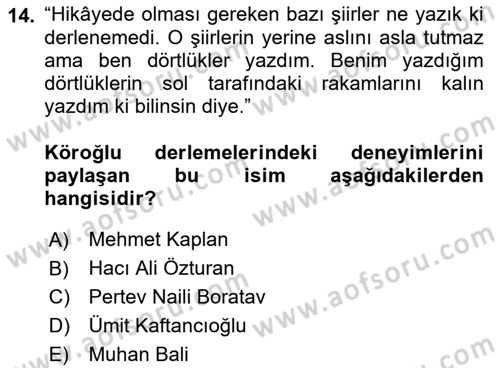 Halk Hikayeleri Dersi 2022 - 2023 Yılı (Final) Dönem Sonu Sınav Soruları 14. Soru
