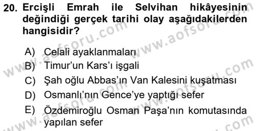 Halk Hikayeleri Dersi 2022 - 2023 Yılı (Final) Dönem Sonu Sınav Soruları 20. Soru