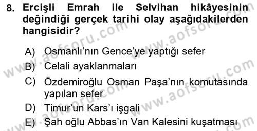 Halk Hikayeleri Dersi 2022 - 2023 Yılı Yaz Okulu Sınav Soruları 8. Soru
