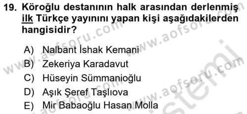 Halk Hikayeleri Dersi 2023 - 2024 Yılı (Final) Dönem Sonu Sınav Soruları 19. Soru