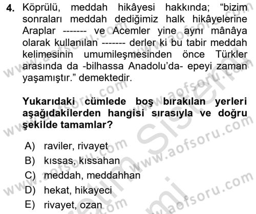 Halk Hikayeleri Dersi 2023 - 2024 Yılı (Final) Dönem Sonu Sınav Soruları 4. Soru