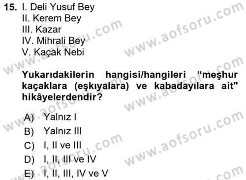 Halk Hikayeleri Dersi 2023 - 2024 Yılı Yaz Okulu Sınav Soruları 15. Soru