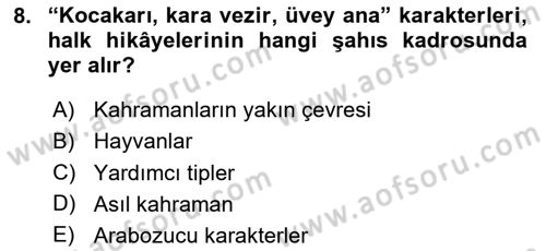 Halk Hikayeleri Dersi 2023 - 2024 Yılı Yaz Okulu Sınav Soruları 8. Soru