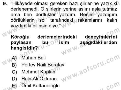 Halk Hikayeleri Dersi 2023 - 2024 Yılı Yaz Okulu Sınav Soruları 9. Soru