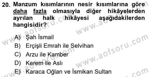 Halk Hikayeleri Dersi 2024 - 2025 Yılı (Final) Dönem Sonu Sınav Soruları 20. Soru