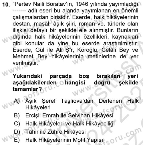 Halk Hikayeleri Dersi 2024 - 2025 Yılı Yaz Okulu Sınav Soruları 10. Soru