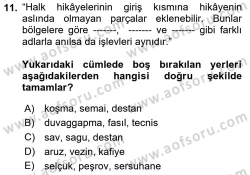 Halk Hikayeleri Dersi 2024 - 2025 Yılı Yaz Okulu Sınav Soruları 11. Soru