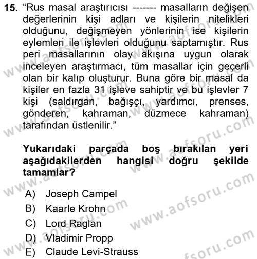 Halk Hikayeleri Dersi 2024 - 2025 Yılı Yaz Okulu Sınav Soruları 15. Soru