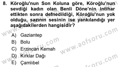 Halk Hikayeleri Dersi 2024 - 2025 Yılı Yaz Okulu Sınav Soruları 8. Soru