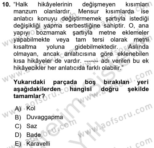 Halk Hikayeleri Dersi 2025 - 2026 Yılı (Vize) Ara Sınav Soruları 10. Soru