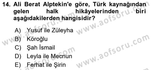 Halk Hikayeleri Dersi 2025 - 2026 Yılı (Vize) Ara Sınav Soruları 14. Soru