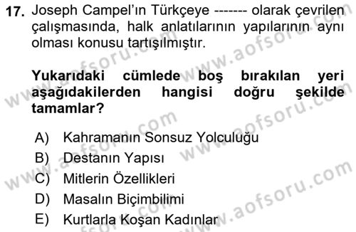 Halk Hikayeleri Dersi 2025 - 2026 Yılı (Vize) Ara Sınav Soruları 17. Soru