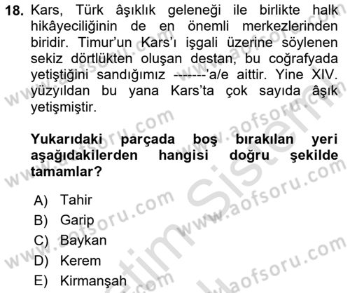 Halk Hikayeleri Dersi 2025 - 2026 Yılı (Vize) Ara Sınav Soruları 18. Soru