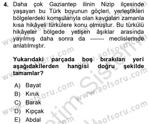 Halk Hikayeleri Dersi 2025 - 2026 Yılı (Vize) Ara Sınav Soruları 4. Soru