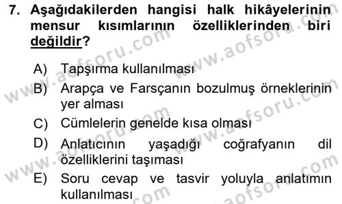 Halk Hikayeleri Dersi 2025 - 2026 Yılı (Vize) Ara Sınav Soruları 7. Soru