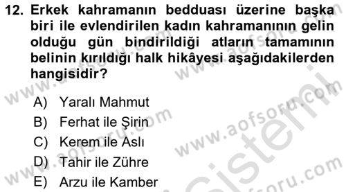 Halk Hikayeleri Dersi 2025 - 2026 Yılı (Final) Dönem Sonu Sınav Soruları 12. Soru